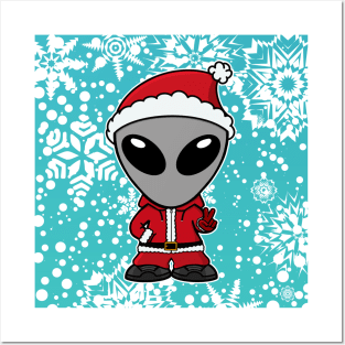 Santa Gray Space Alien with winter background Posters and Art